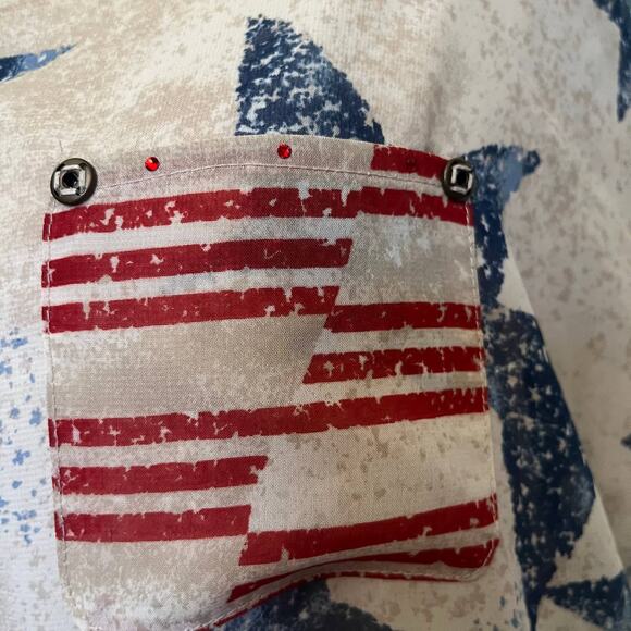 SUE WHO? Americana Womens Top Sz L Festival Stars Stripes Rhinestone Patchwork - Picture 12 of 13